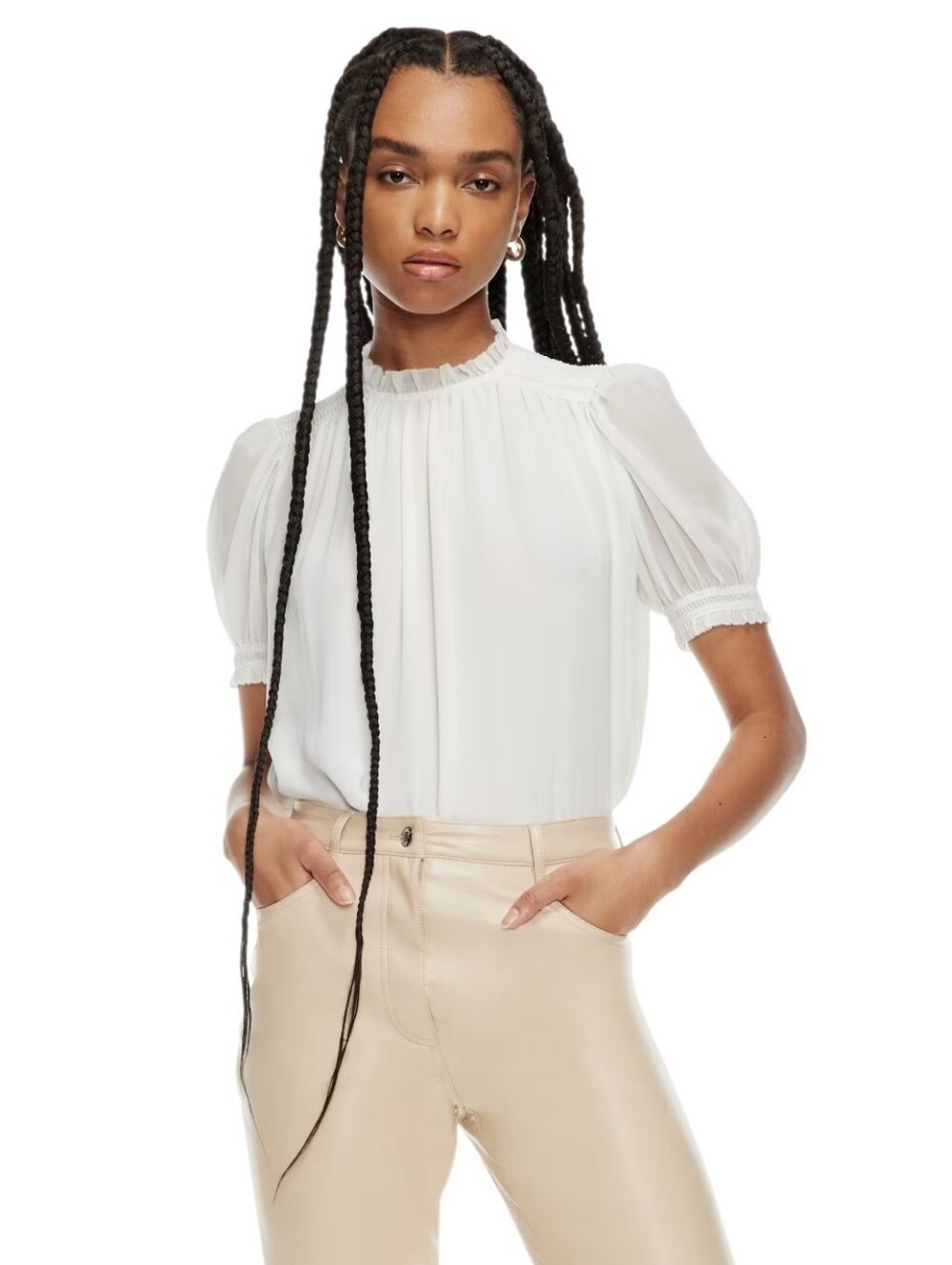 Aritzia Wilfred Wuthering Blouse Cream Chiffon Smocked Mock Neck Top